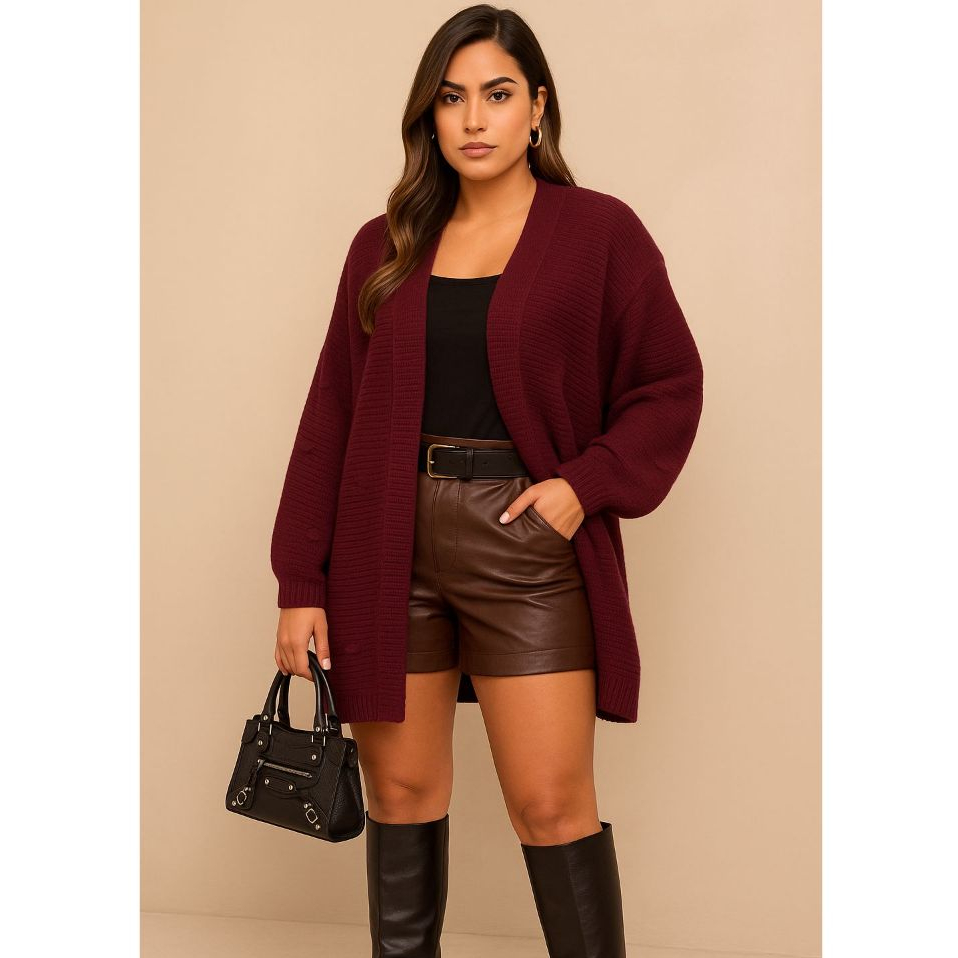 Cardigan Kimono Casaco Feminino Ponto Fang Aberto Tricot De inverno Manga Bufante Com Boli...