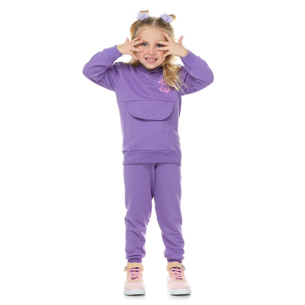 Conjunto Moletom Infantil Hello Beautiful – 1 a 3 Anos | Roupa Menina com Bolso Canguru Lilás