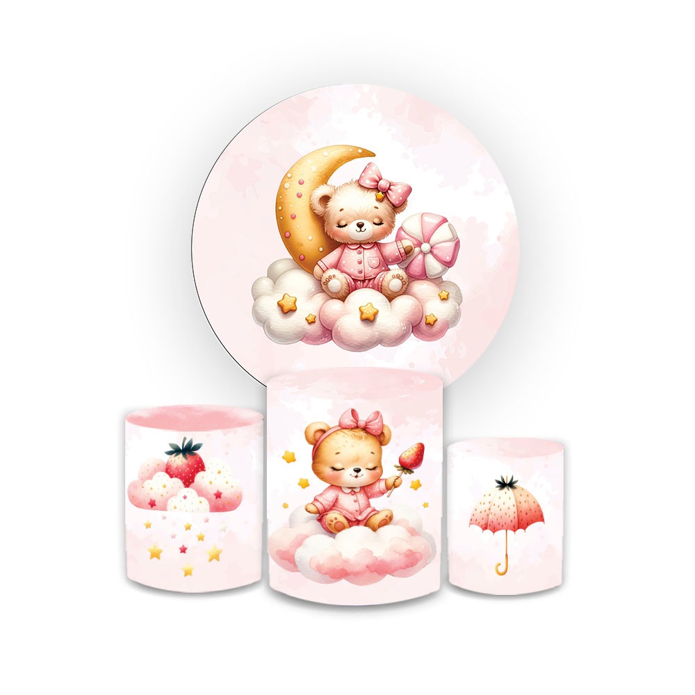 Kit Painel 1,50x1,50 Sublimado+Trio De cilindros vest facil Tema Ursinho rosa lua Aniversario em Oferta na Shopee