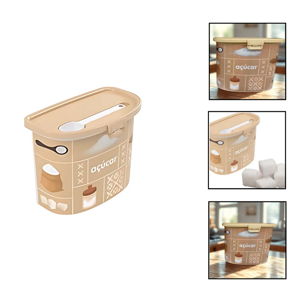 Porta Açúcar Pote Organizador Cozinha Com Colher Medidora Bege Decorado Plasútil Com Colher