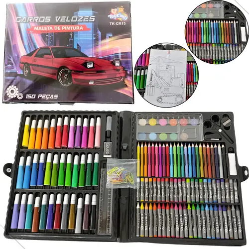 Estojo Maleta Escolar de Pintura Infantil com 150 Peças Personagem Carros Velozes