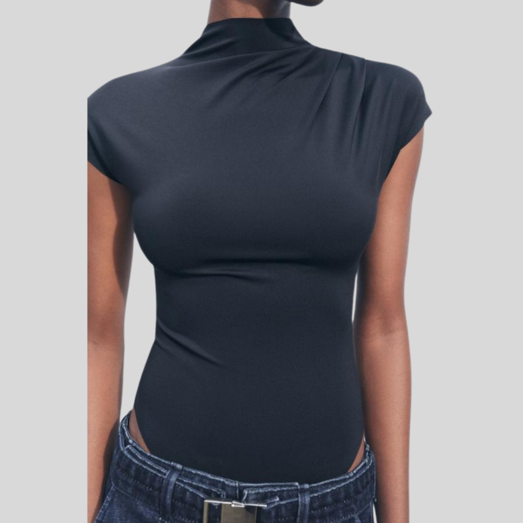 Body Feminino Gola Alta Manga Curta com Franzido Lateral | Ajustável e Confortável