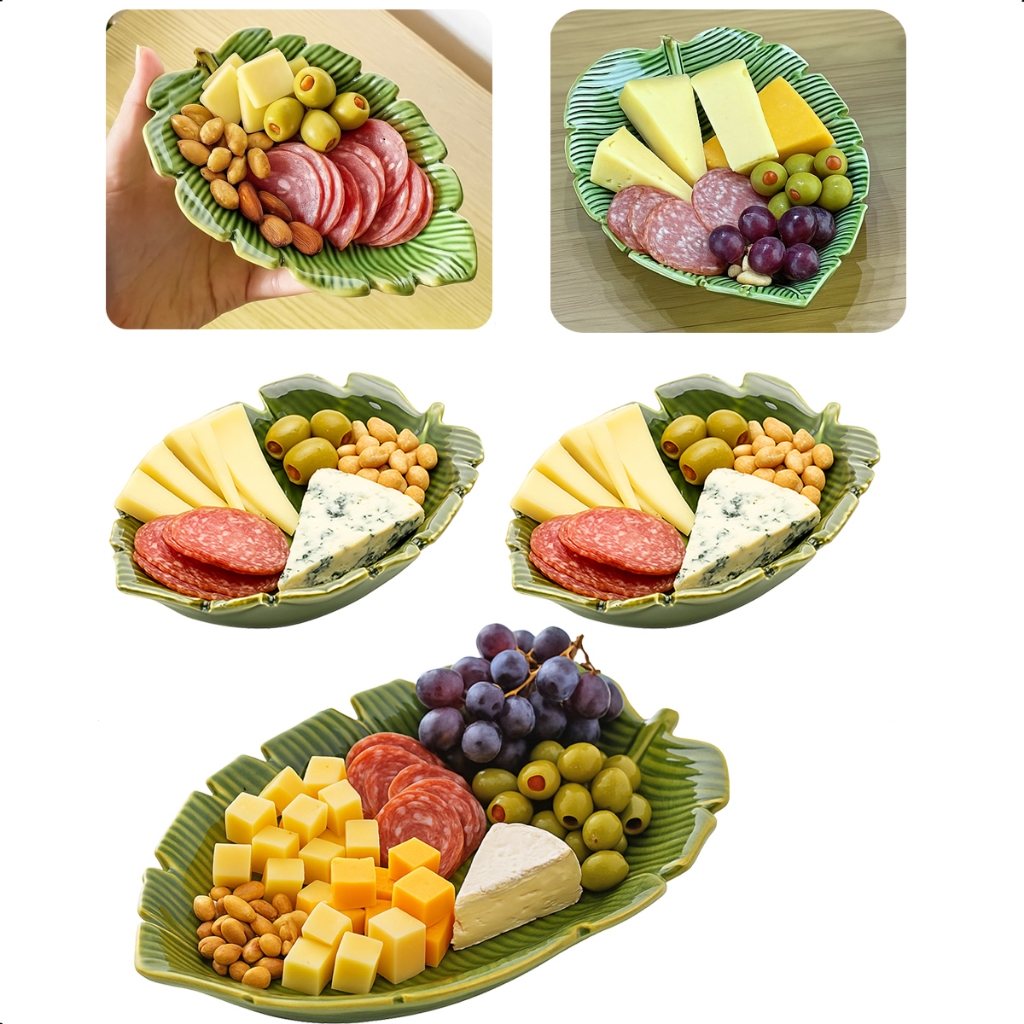 Jogo 3 Folhas Decorativas Cerâmica Banana Leaf Petisqueira 16cm + 23cm Verde Lyor