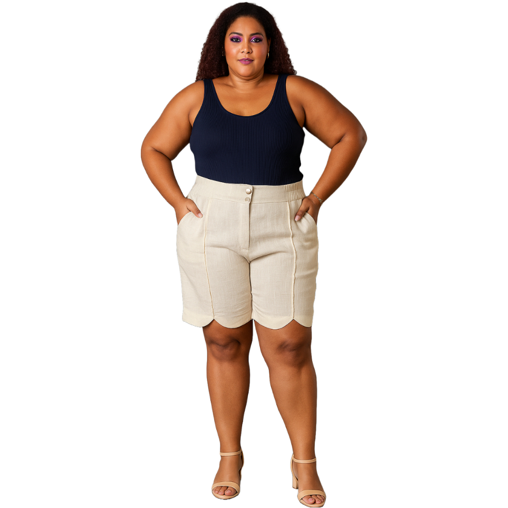 Bermuda Alfaiataria Feminina Plus Size com bolso cintura Social Elegante em Linho com elastano tamanhos grandes 44-50-52