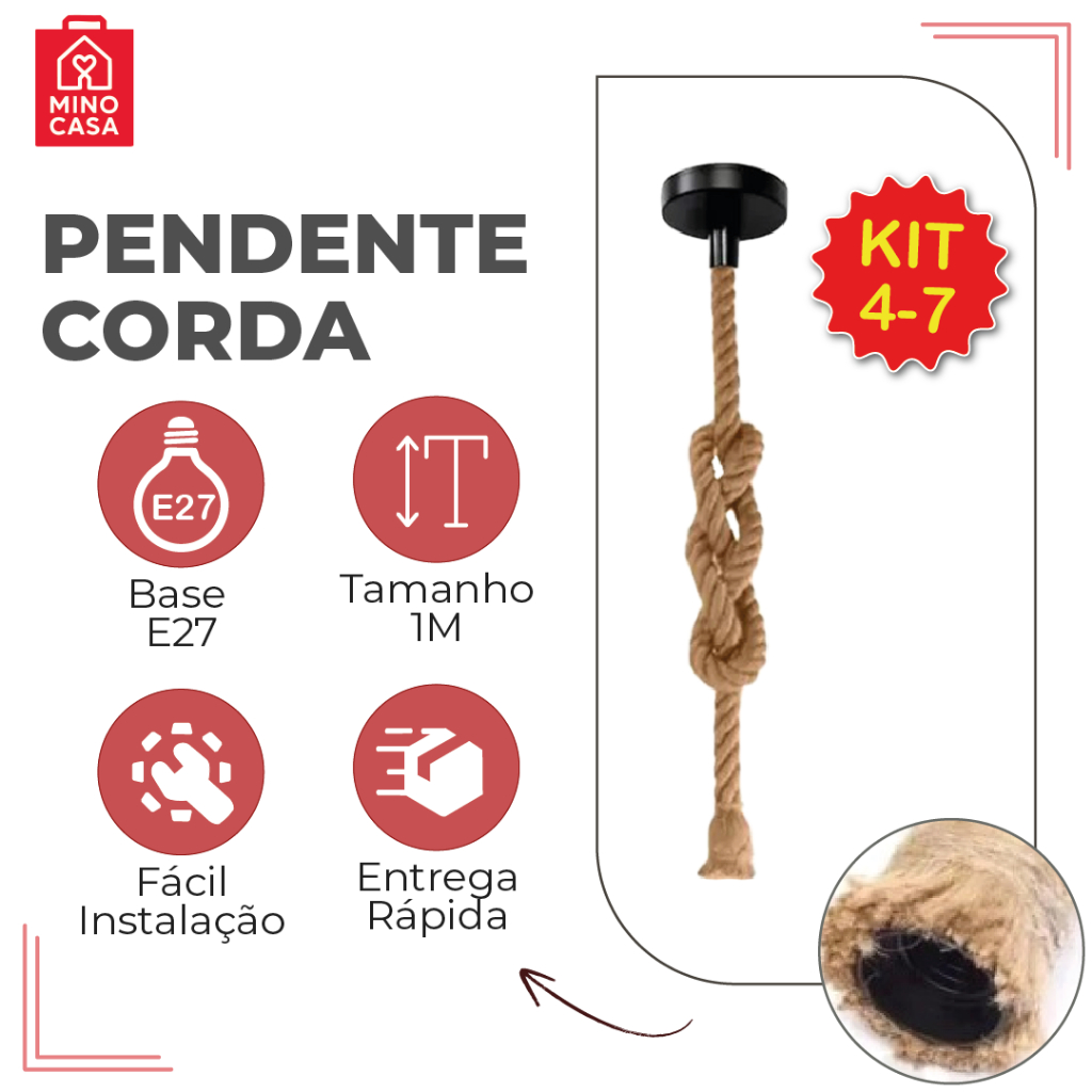 Kit 7 Pendente Corda 1M Retro Vintage Rústico Sisal E27 Para Decoração Com Detalhes Pérola Preta
