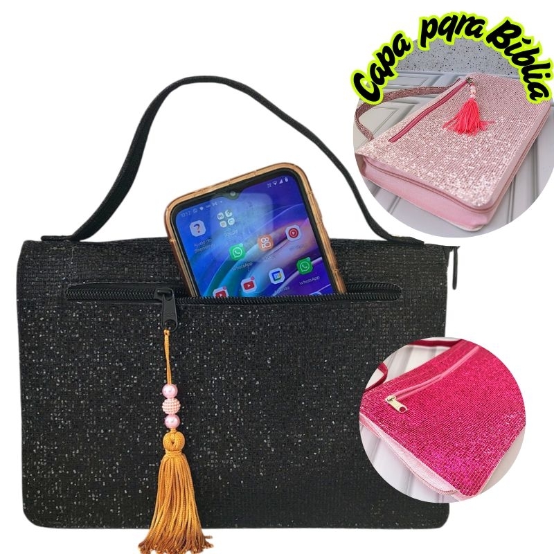 Bolsa  Capa para Bíblia de mão com Alça Zíper e Bolso Externo Média com Brilho Glitter - Número 11