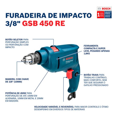Furadeira Impacto Parafusadeira Bosch GSB 450 RE 127V + Kit 5 Brocas — imagem 2 de 2