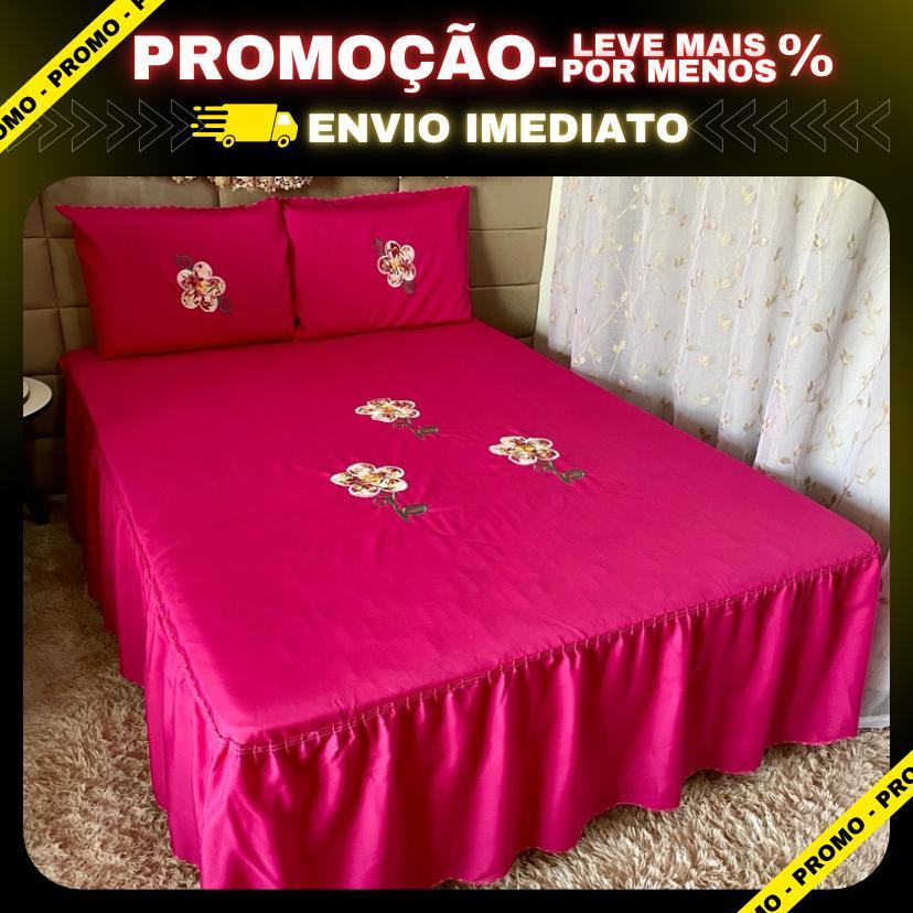 Colcha cama casal box bordada com babado em Oferta na Shopee