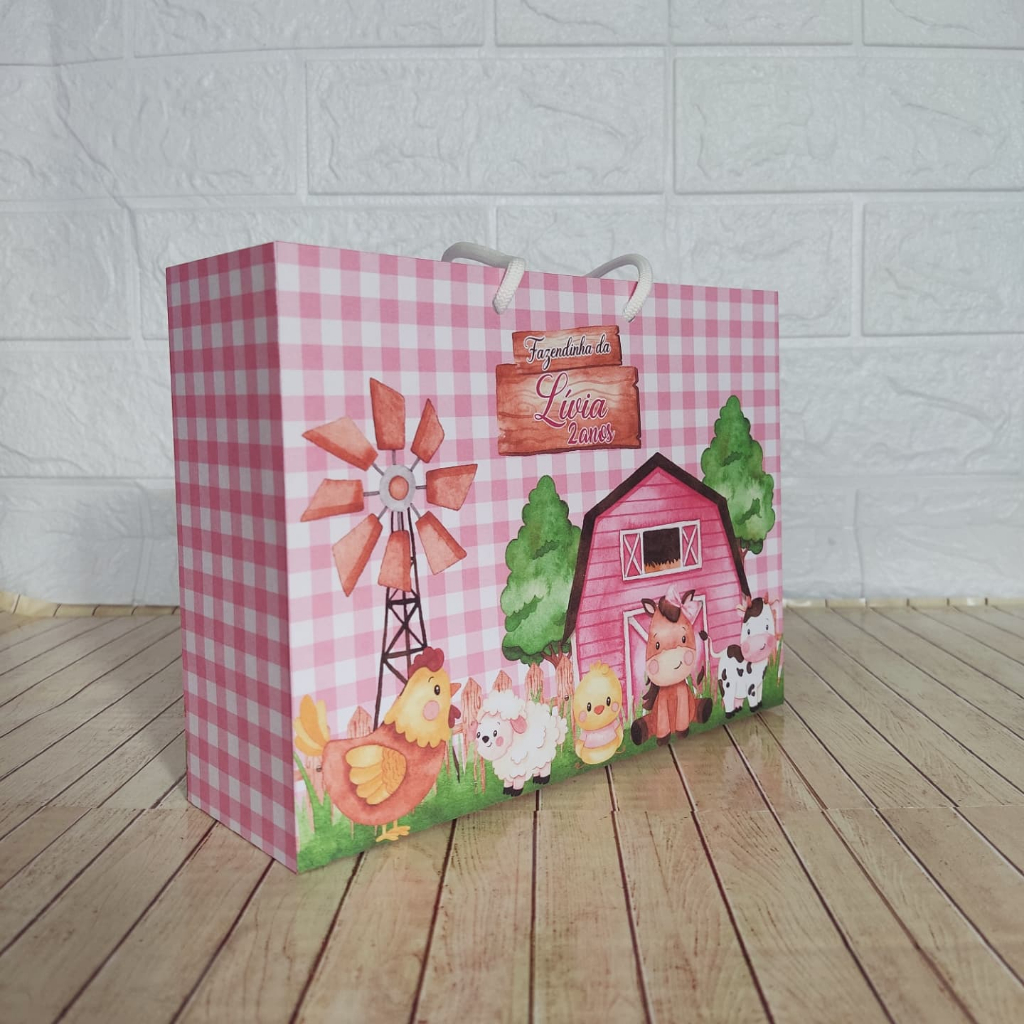 PEGUE E MONTE SACOLINHA PERSONALIZADA TAMANHO M 15x20CM FAZENDINHA MENINA Festa Infantil