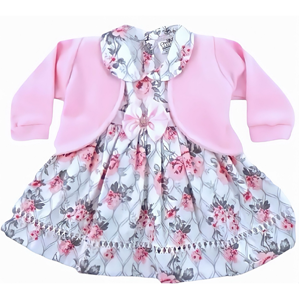 Vestido Bebe com Bolero 100% Algodão Imperial Rosa Roupa de Bebê Menina MUNDO NINA KIDS em Oferta na Shopee