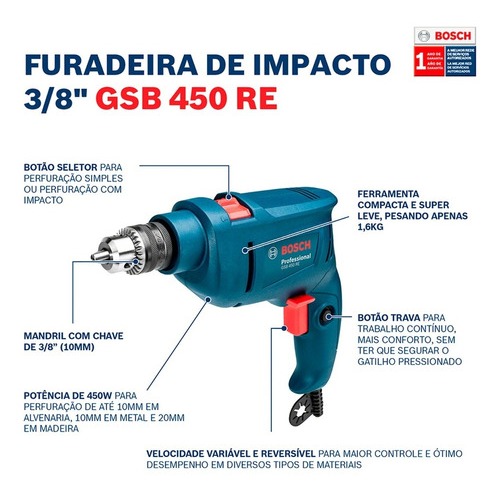 Furadeira Impacto Parafusadeira Bosch GSB 450 RE 220v + Kit 15 Brocas + Bolsa · foto 2