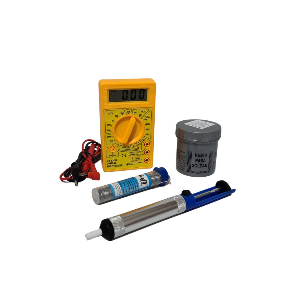 Kit Multimetro Digital Amarelo + Sugador de Solda + Pasta + Estanho