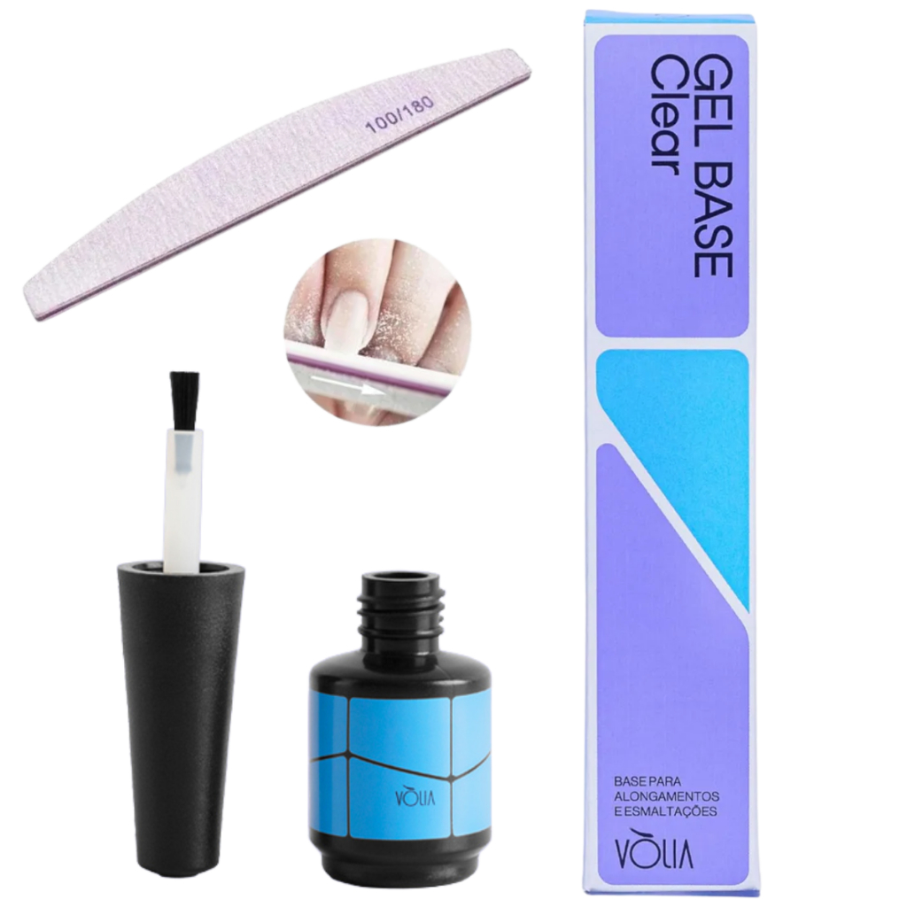 Kit Gel Volia Sache Refil Gel Capa Base Clear + Frasco com Pincel + Lixa Bomerangue Para unhas de gel