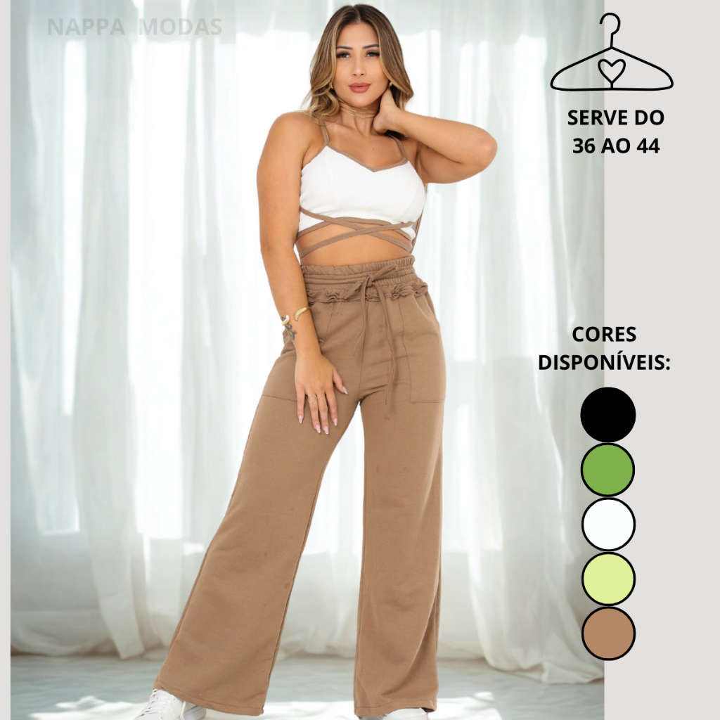 Conjunto Feminino de Calça Pantalona no Moletinho/ Calça Boca Larga/Modelo Gringa Inverno com Cropt Ribana de Tiras