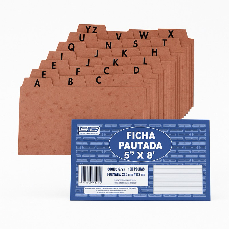 Kit Índice Alfabético + Bloco de Fichas Pautadas 4x6, 5x8 e 6x9 - Organizador de papéis