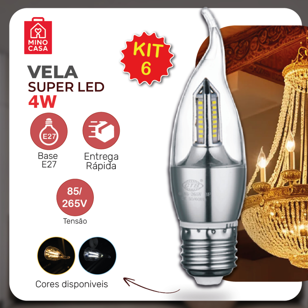 Kit 6 Lâmpada Vela LED para Lustre de fogo 4W Bico Torto E27 Pendente Modelo Moderno Branco Frioou Branco Quente| Bivolt