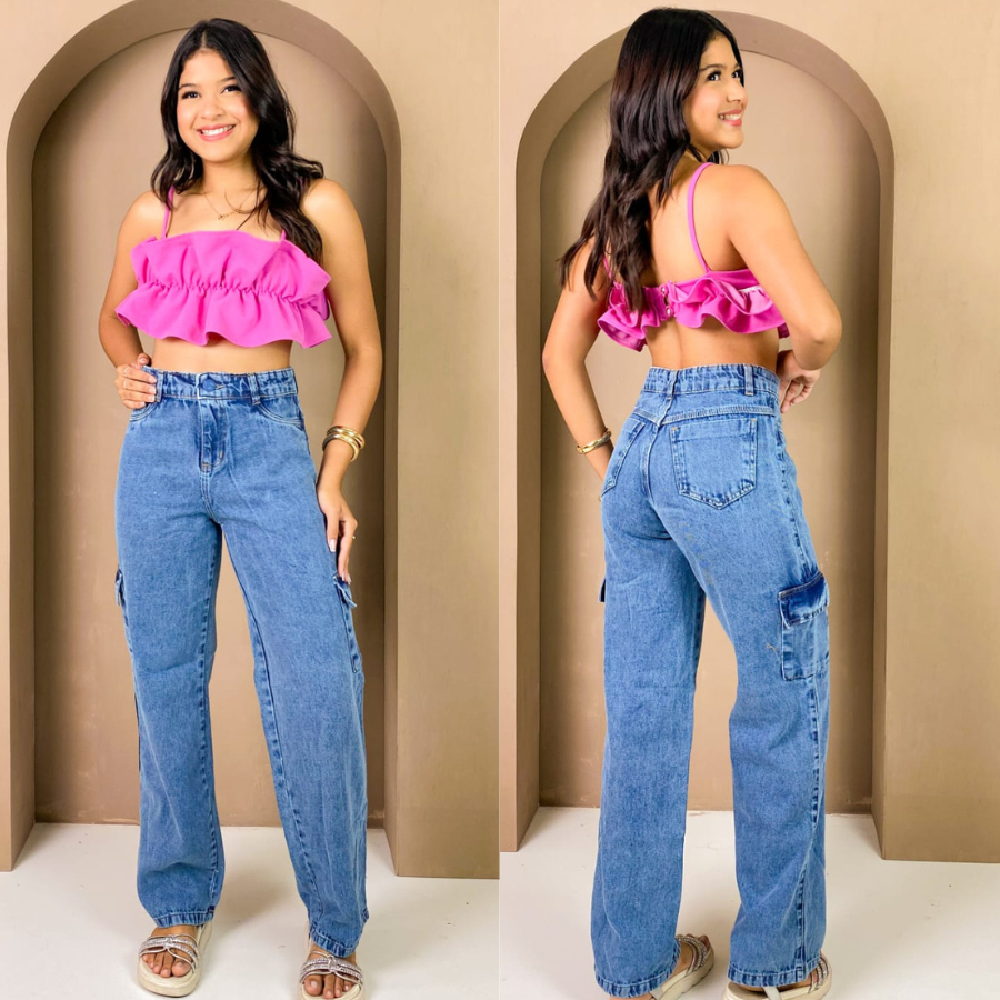 Calça Cargo Jeans Blogueirinha Juvenil Com Regulagem Com Bolsos Laterais Wide Leg 4 ao 16 anos Moda