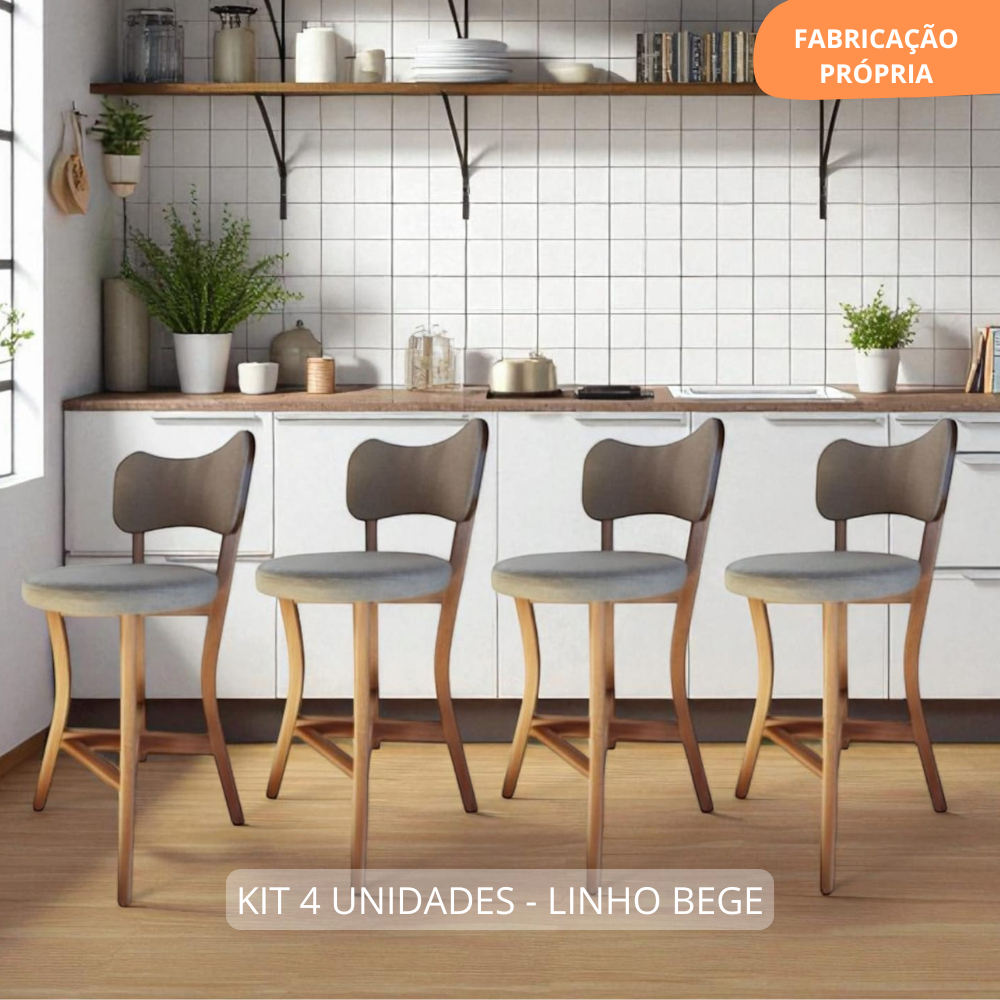 Banqueta alta balcão cozinha Bordo com Encosto Linho Bege 4 unid Madeira Maciça Estofado P...