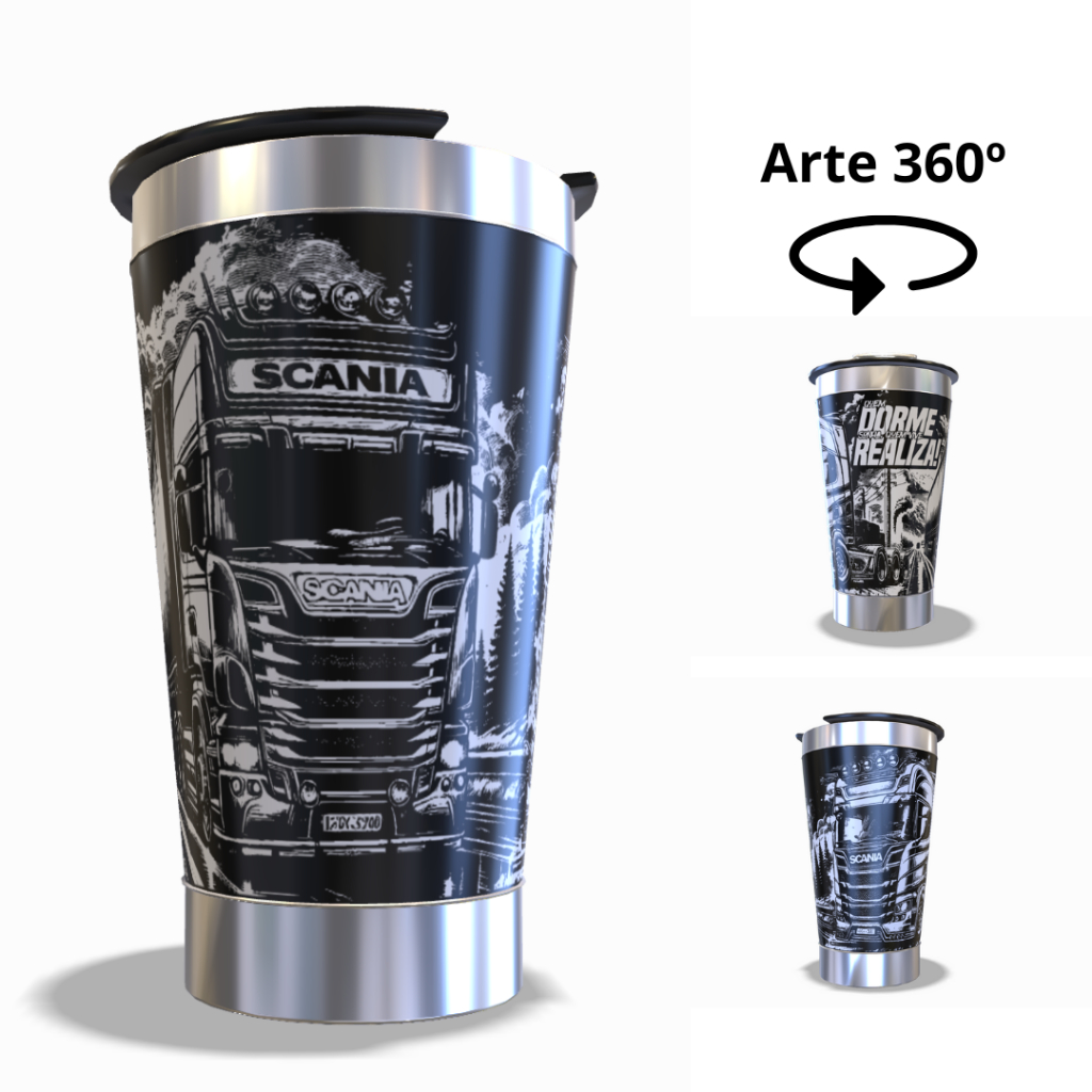 COPO TÉRMICO 473ML ARTE 360º GRAUS COPO INTEIRO TEMA: CAMINHÃO NOVIDADE COM ABRIDOR PAREDE DUPLA em Oferta na Shopee