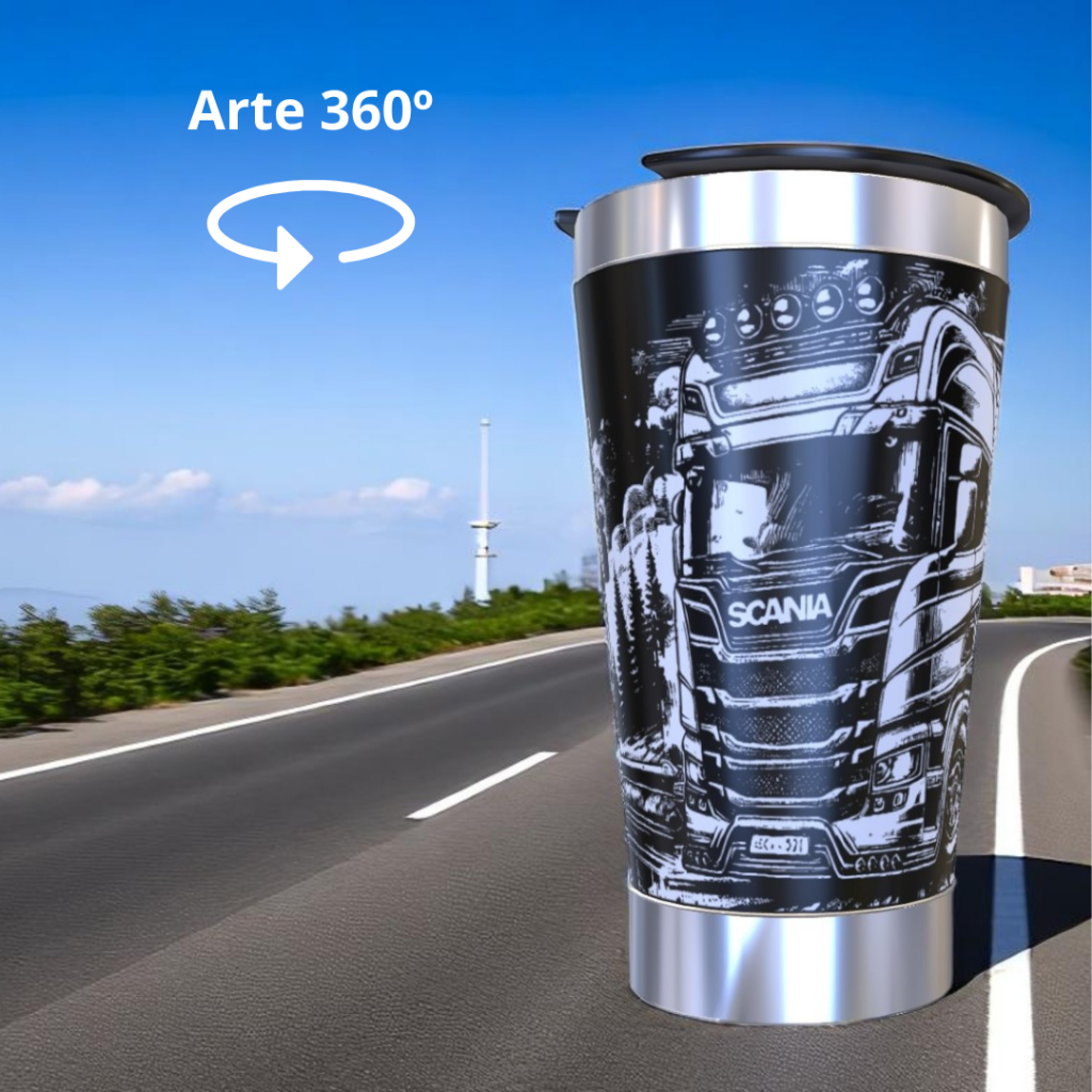 COPO TÉRMICO 473ML ARTE 360º GRAUS COPO INTEIRO TEMA: CAMINHÃO NOVIDADE COM ABRIDOR PAREDE DUPLA