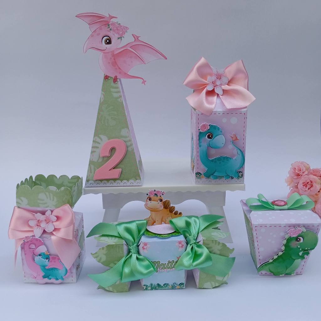 Kit Festa Infantil DINOSSAURO MENINA Baby Rosa Pegue e Monte Lembrancinhas Caixa Milk Personalizada