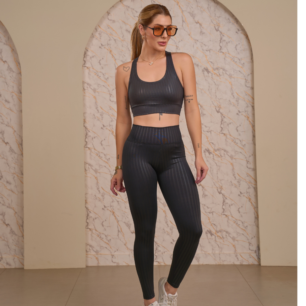 Conjunto De Academia Feminino Suplex Texturizado Top Calça Cós Alto Zero Transparencia Roupa Fitness