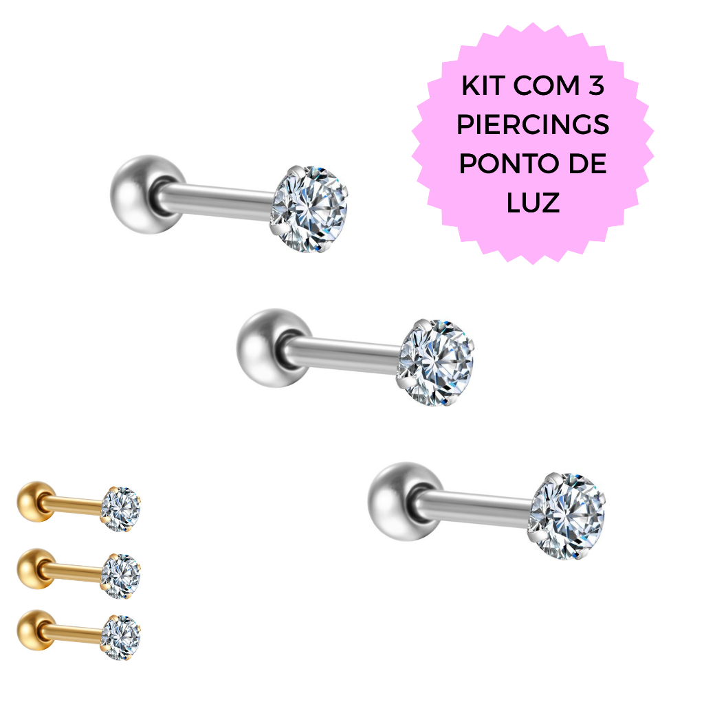 Kit 3 Piercings Ponto De Luz Aço Cirúrgico Cartilagem Tragus Hélix Prateado Dourado Hipoalérgicos em Oferta na Shopee