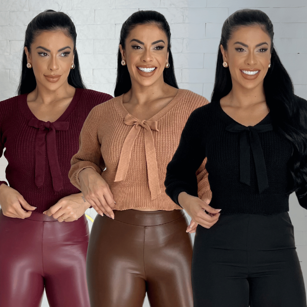 Blusa Feminina Cropped Laço Manga Longa Comprida Gola V Casaco Tricô Tricot Moda Inverno Frio