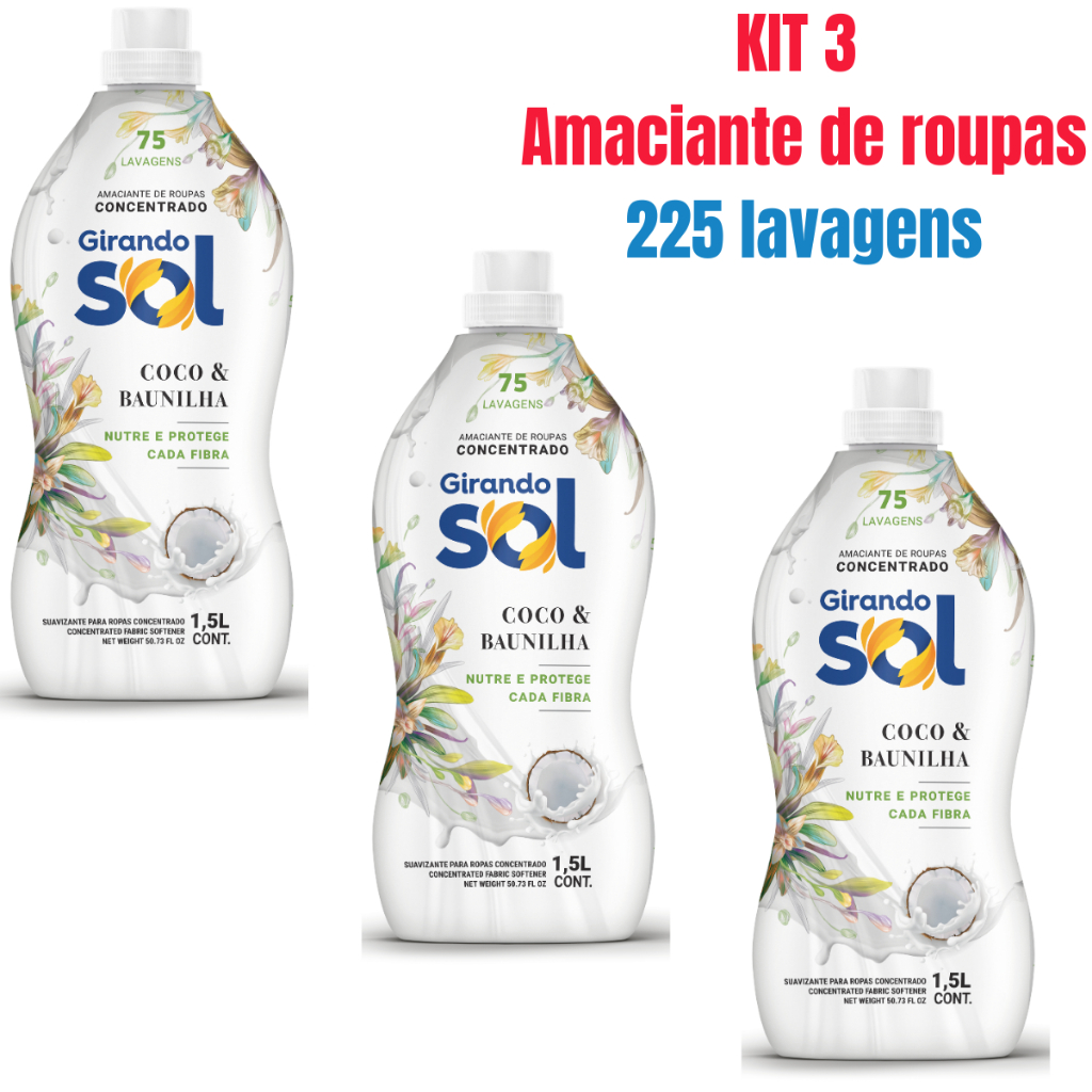 Kit 3 Amaciante Girando Sol Coco E Baunilha Concentrado 1,5L - Rende até 75 Lavagens Cada em Oferta na Shopee