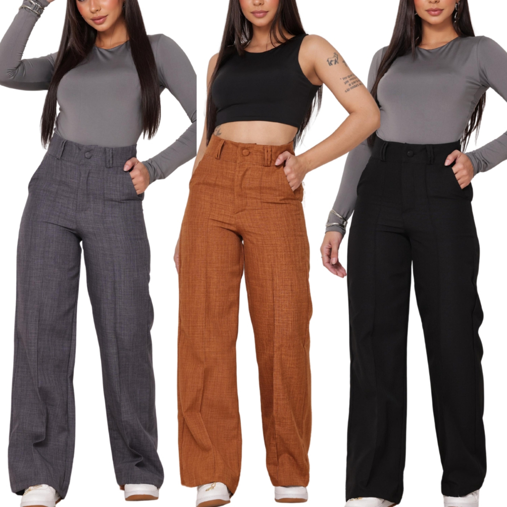 Calça Pantalona Feminina Linho Alfaiataria Cintura Alta - Tendencia 2026
