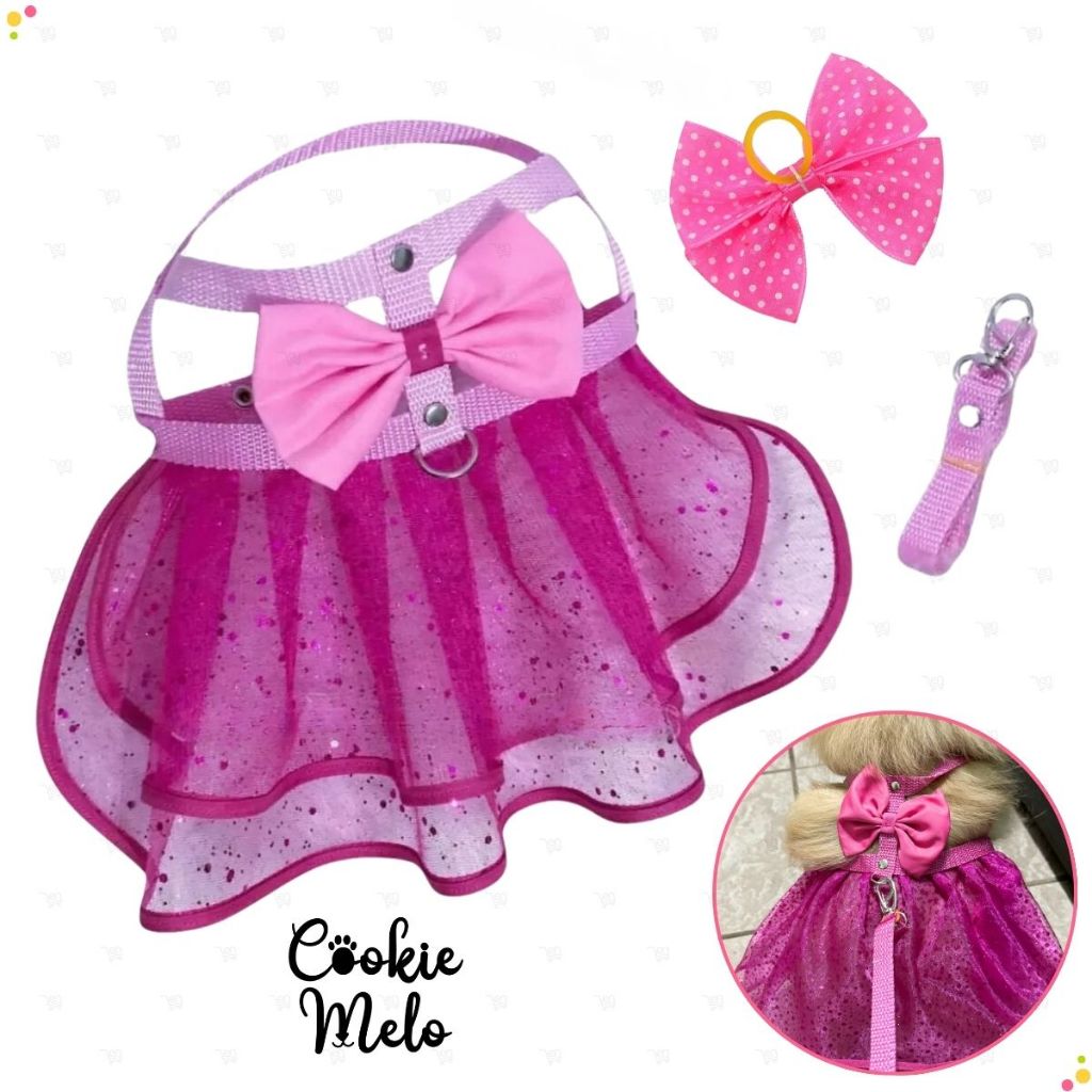 Coleira Guia Peitoral Pet Vestido Rosa Ajustável Fêmea Gato Cachorro Com Lacinho em Oferta na Shopee
