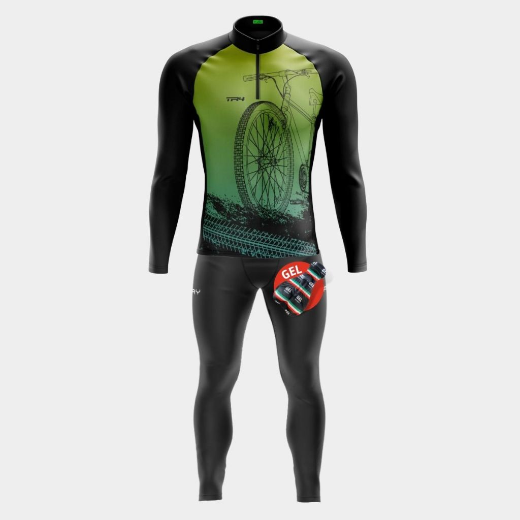 Kit Ciclismo Masculino Conjunto Camisa Manga Comprida Calça Gel Acolchoado Bike Pedal MTB