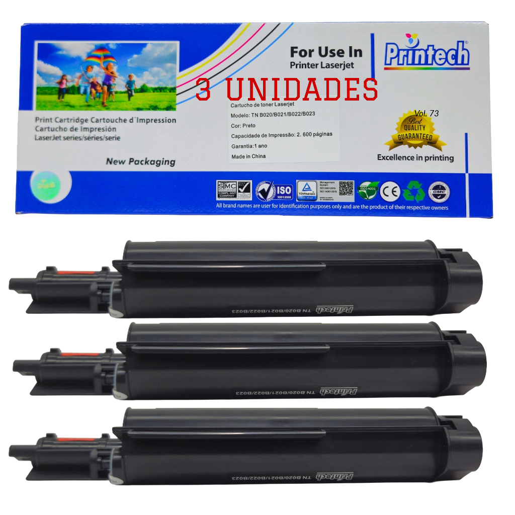 Kit Até 3 Toner Tn‑b021 Tn B021 Compatível Brother Dcp‑b7520dw B7535dw Hl‑b2080dw 2.6 K Printech 100%