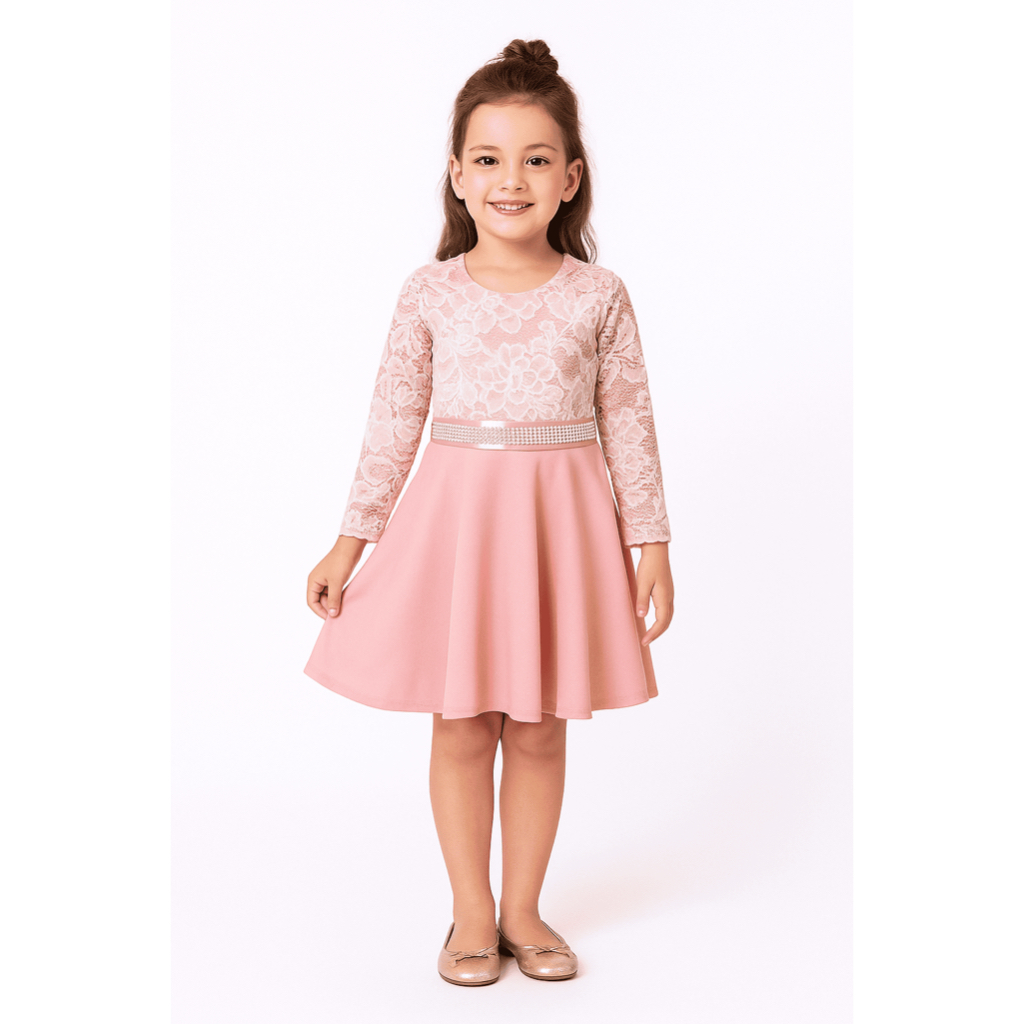 Vestido Infantil Manga Longa Rodado Renda E Faixa De Strass em Oferta na Shopee
