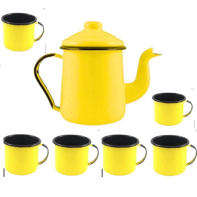 Conjunto Kit Bule Cafeteira Esmaltada  1.1Lts N12  + 6 Canecas 90ml Nr 4.5 - Ewel, Linha Mãe Ágata