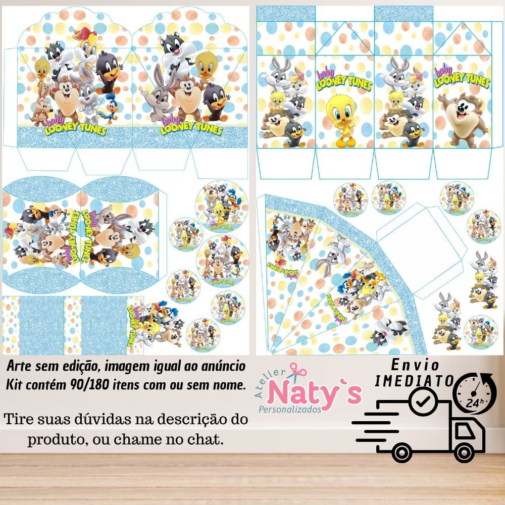KIT COM 90/180 ITENS TEMA: BABY LOONEY TUNES LEMBRANCINHAS (COM NOME) - Envio rápido em Oferta na Shopee