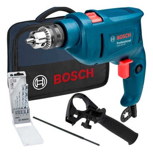 Furadeira Impacto Parafusadeira Bosch GSB 450 RE 127v + Kit 5 Brocas + Empunhadeira + Bolsa