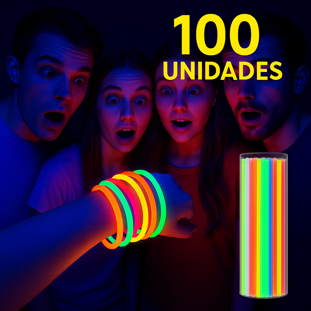 Kit 100 Pulseiras Neon Brilha no Escuro Flourescente - Cores Sortidas - Festa, Balada, Casamento, Aniversário