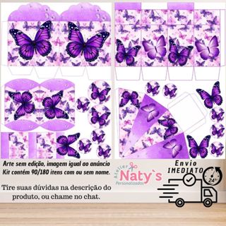 KIT COM 90/180 ITENS TEMA: BORBOLETA ROXA LEMBRANCINHAS COM/SEM NOME - Envio 24H em Oferta na Shopee