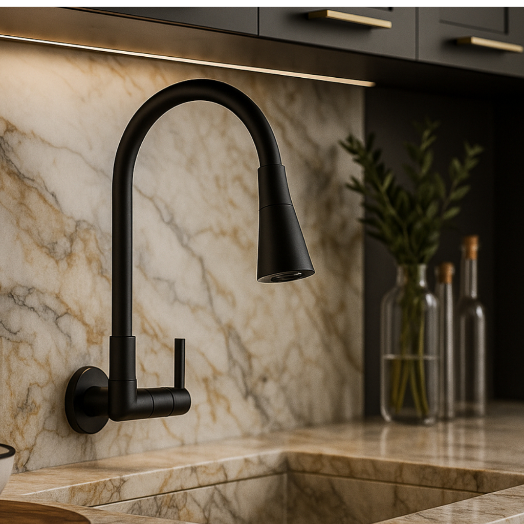 Torneira De Cozinha FLEXÍVEL PRETO FOSCO De Parede Luxuosa Design Lavatório Resistente