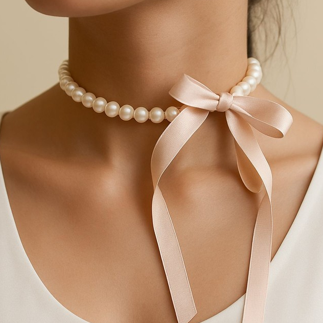 Colar Choker Pérola Fitas de Gorgorão Acetinado Fosco e Sofisticado Laço Moda Perolas Feminino Delicado Presente
