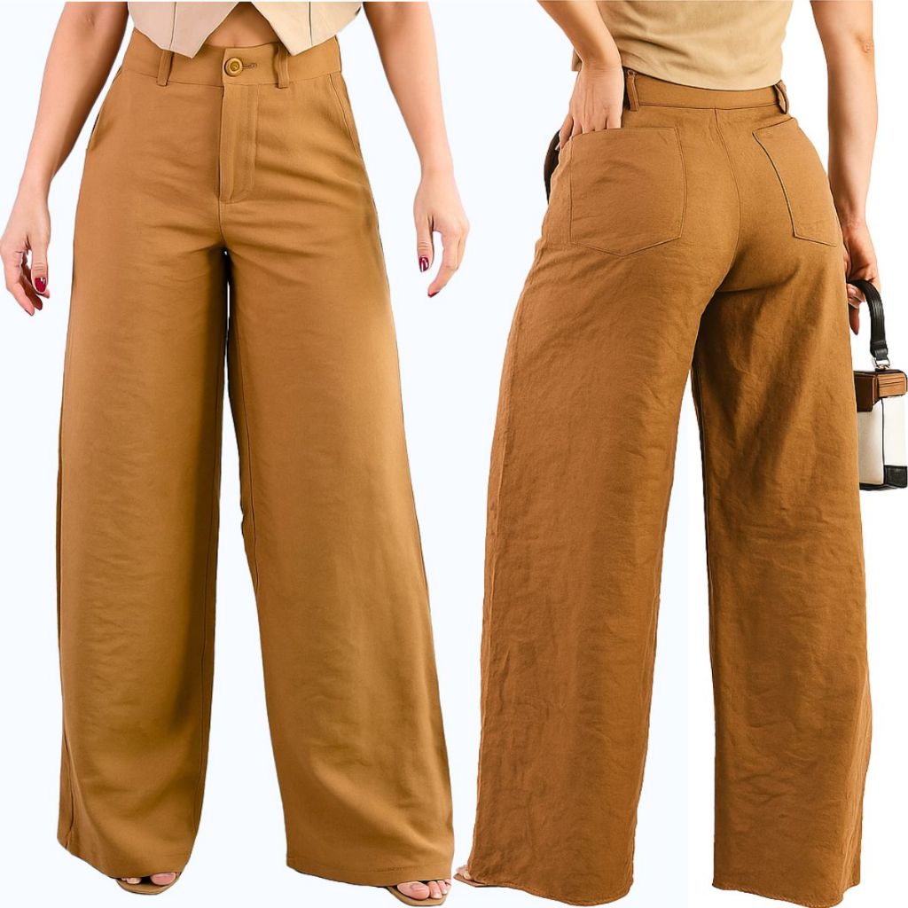 Calça Feminina Pantalona Social Cintura Alta Boca Larga Elegante Casual Chic Wid Leg