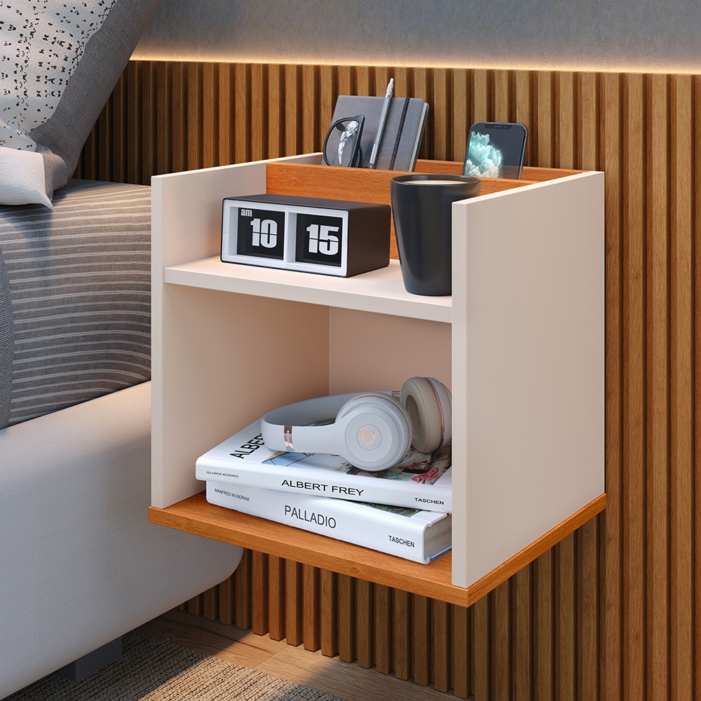 Mesa de Cabeceira Madri Suspenso Criado Moderno Minimalista com Nicho e Porta Celular Várias Cores