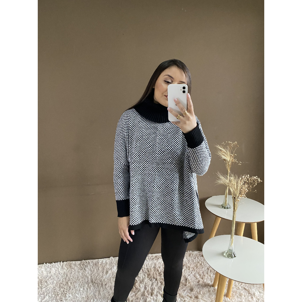 Blusa Poncho Tricot Lã Xadrez Gola Alta Manga Longa Fenda Lateral Moda Feminina Inverno Plus Size