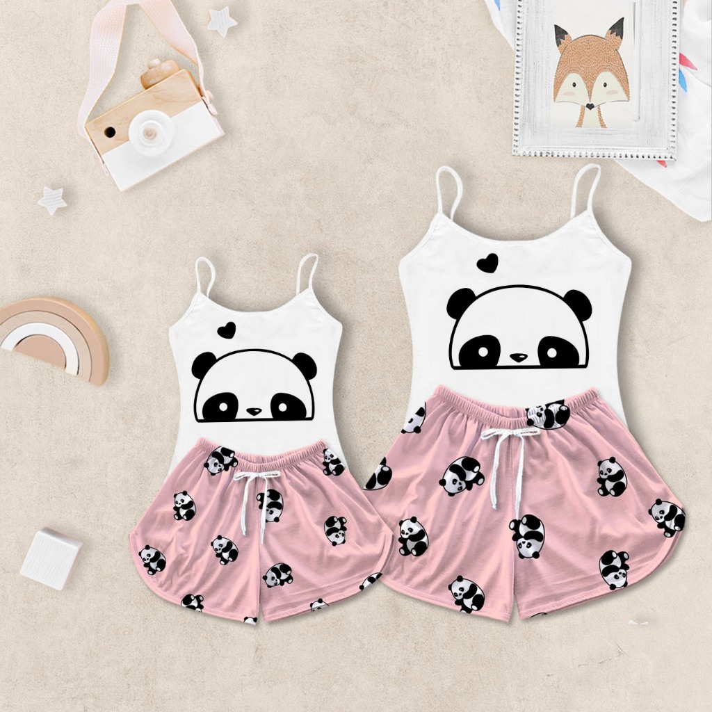 Conjunto Pijama Feminino Estampado e Macio Tal Mãe Tal Filha Panda Rosa
