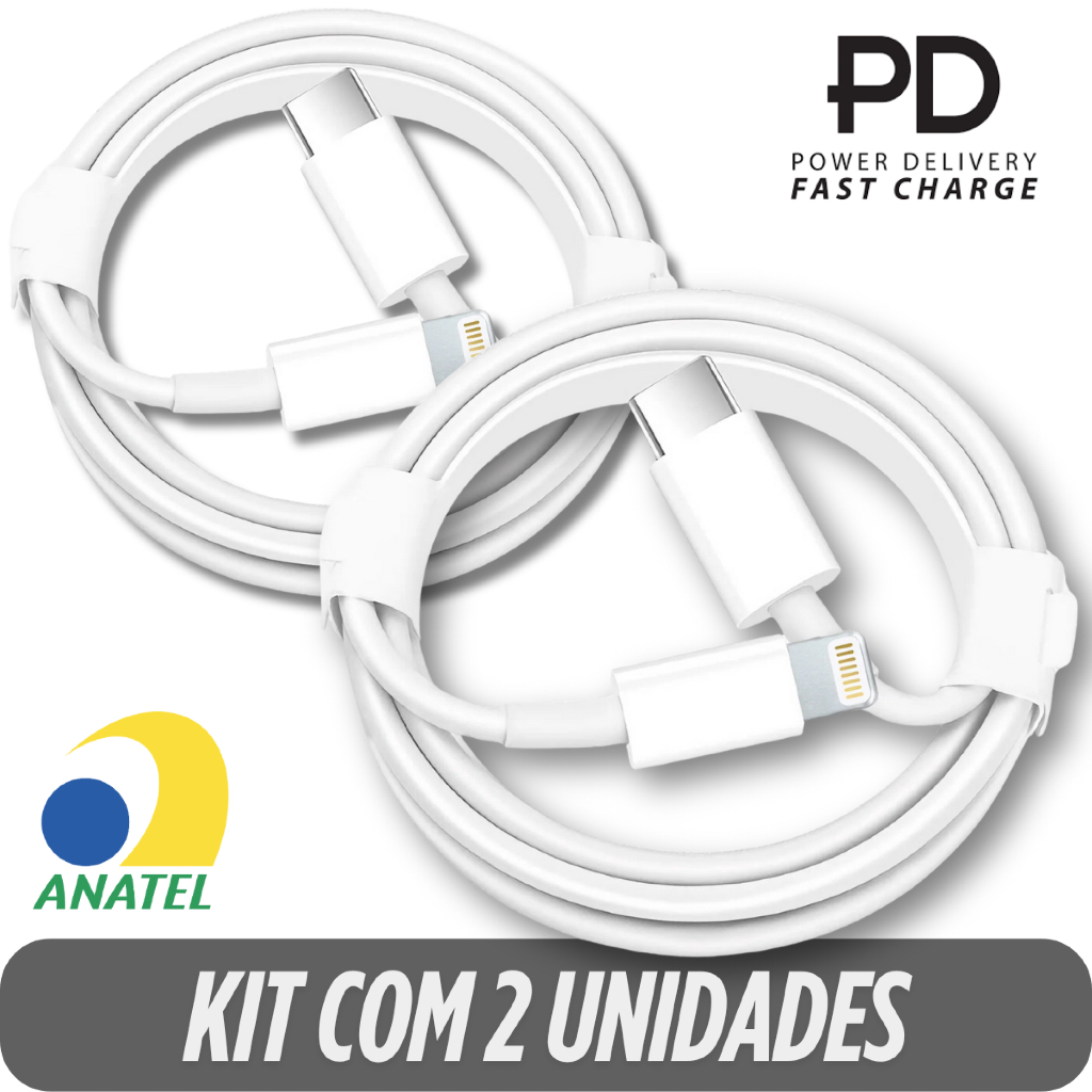Kit com 2 Cabos Iphone Lightning USB-C Carga Rápida IOS compatível IPhone IPad Premium 20w