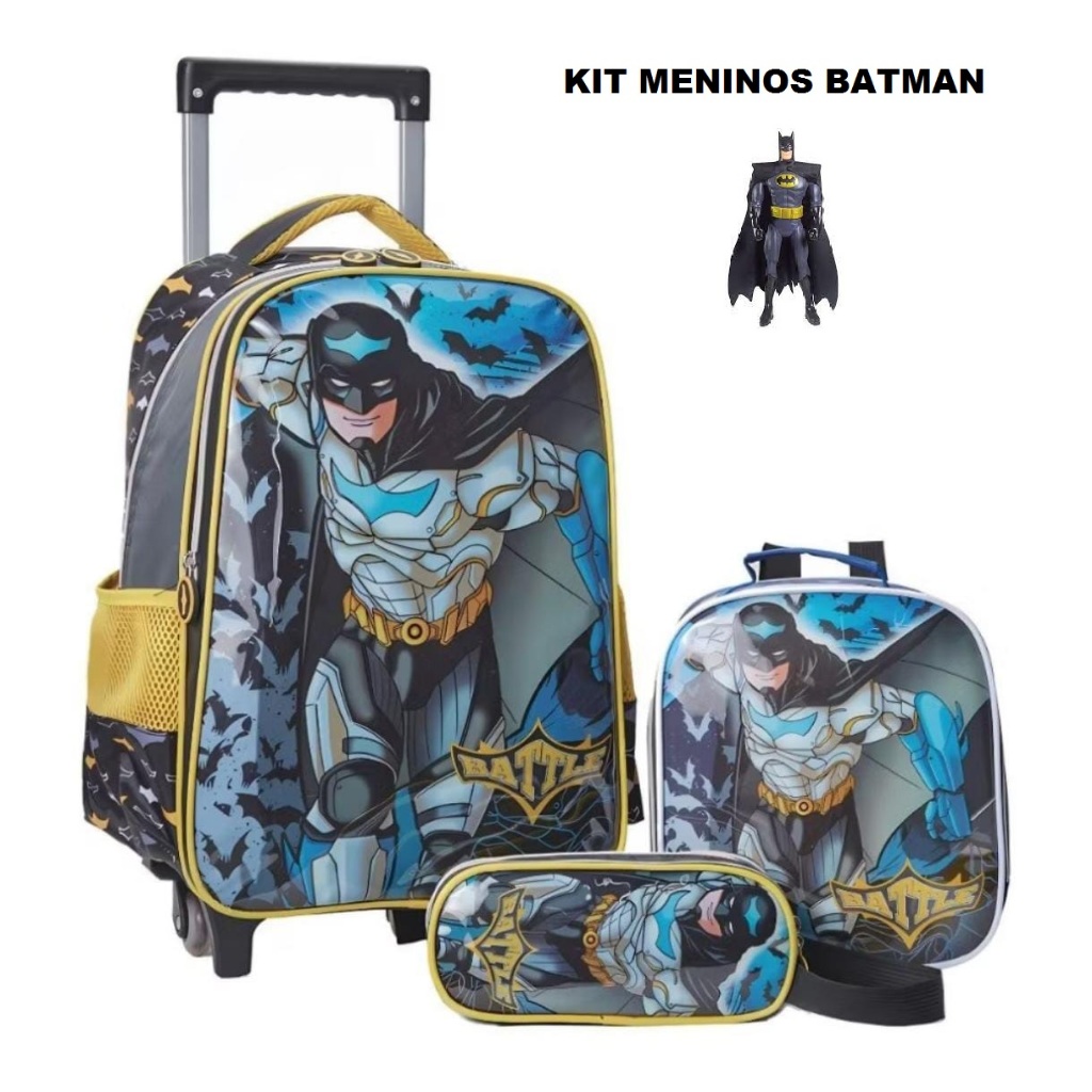 Kit Mochila escolar carrinho Batman+lancheira+estojo super Heroes