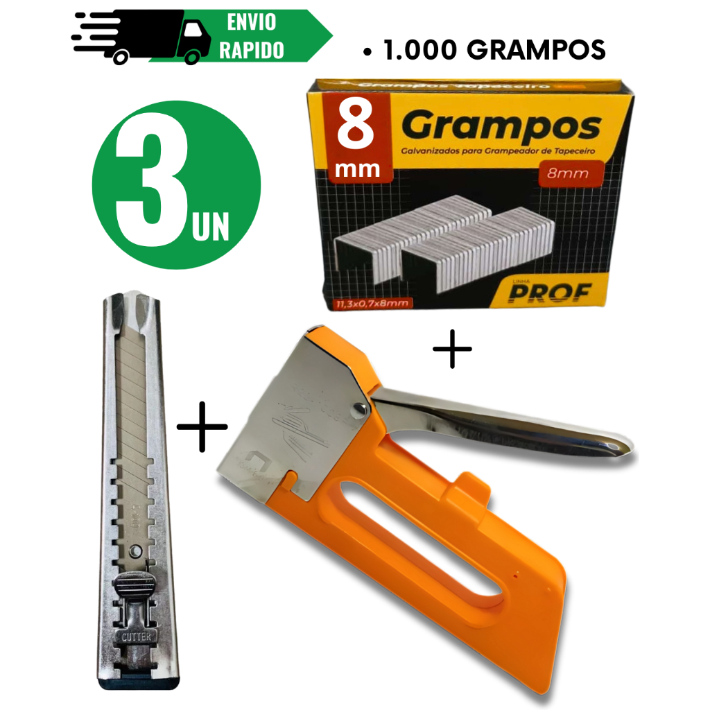KIT Estilete Grampeador De Tapeceiro e Grampo Ferramentas Profissional 4/6/8mm
