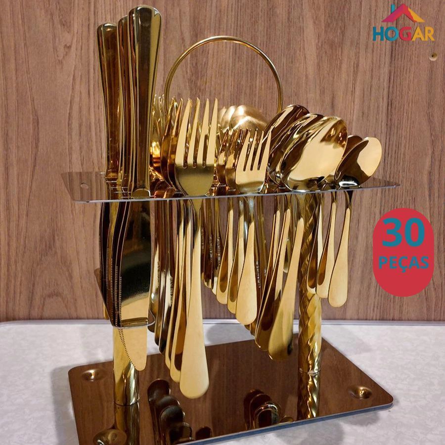 Kit de Talheres com Suporte 24pç e 30pç Faqueiro Linha Premium Super Luxo Dourado e Prata em Oferta na Shopee