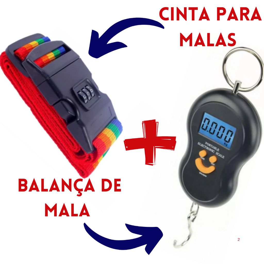 Kit Viagem Balança Eletronica Portátil + Cinta Fita Proteção  Mala Bagagem Visor